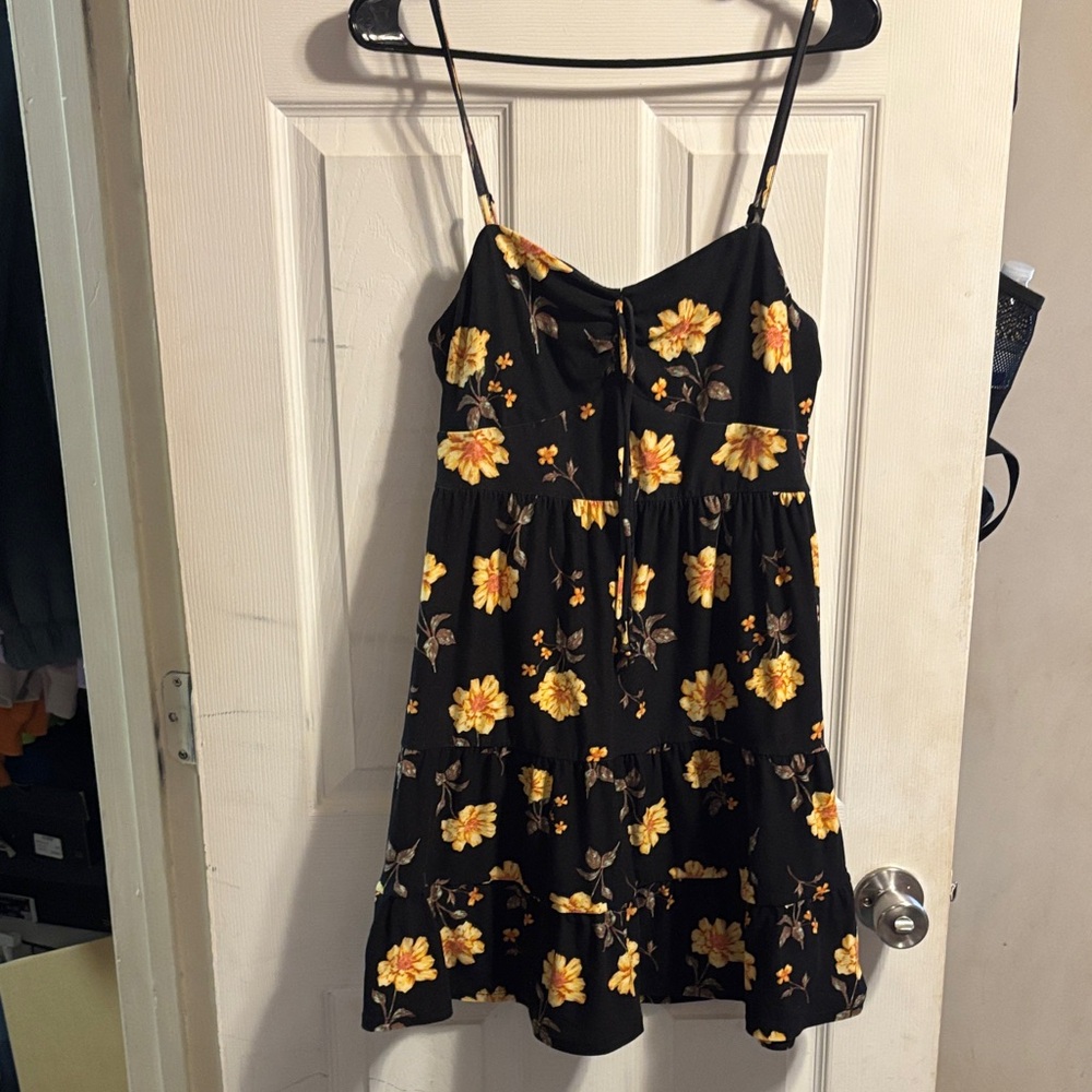Black Floral Tiered Midi Dress with Yellow Bloom Print